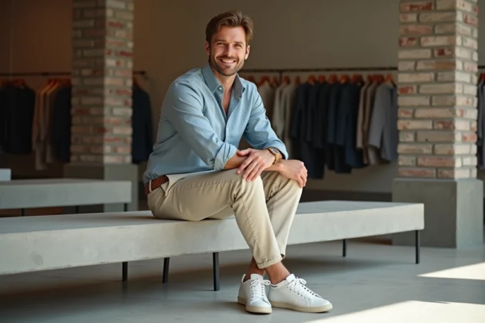 Homme stylé en chemise en lin bleu ardoise et chino ecru assis dans un concept store moderne avec mur en briques apparentes