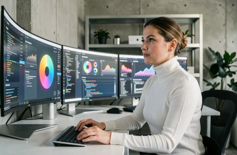 Femme professionnelle utilisant plusieurs écrans ultrawide dans un bureau tech moderne aux tendances high-tech actuelles