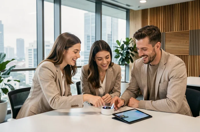 Groupe de collègues découvrant des gadgets high-tech innovants autour d'une table dans un espace de coworking moderne