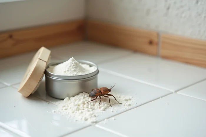 Boîte ouverte de terre de diatomée avec un pinceau et de la poudre blanche sur du carrelage blanc