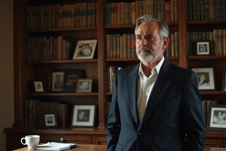 Portrait d'un homme engagé en costume marine dans un bureau intime aux étagères remplies de livres, incarnant conviction et vie personnelle