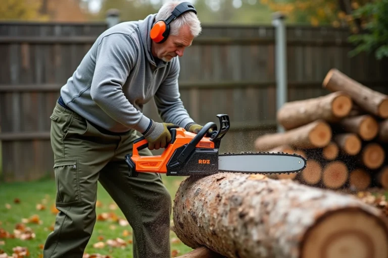 Homme utilisant une tronçonneuse sans fil Ryobi OCS1830 pour couper une bûche de chêne dans un jardin en automne