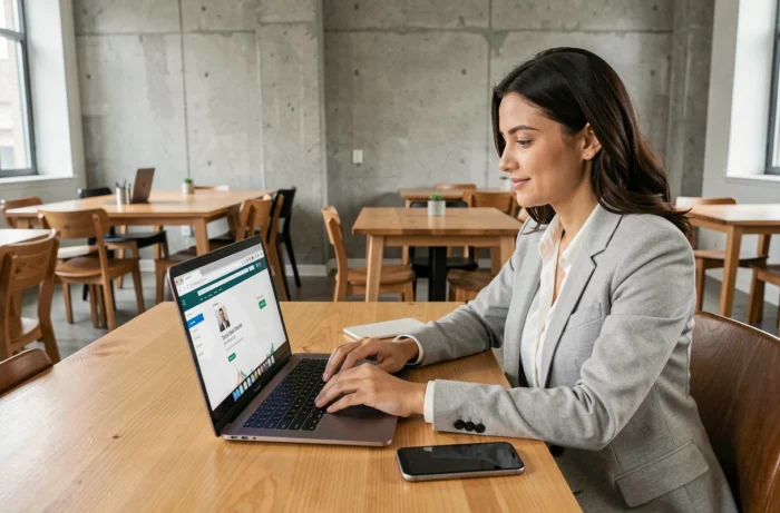 Jeune femme utilisant les services en ligne de Boursobank sur ordinateur portable et smartphone dans un espace de co-working