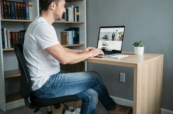 Homme travaillant sur un ordinateur portable dans un bureau à domicile avec un pied nu visible, évoquant l'aspect juridique et commercial de la vente de photos de pieds en France