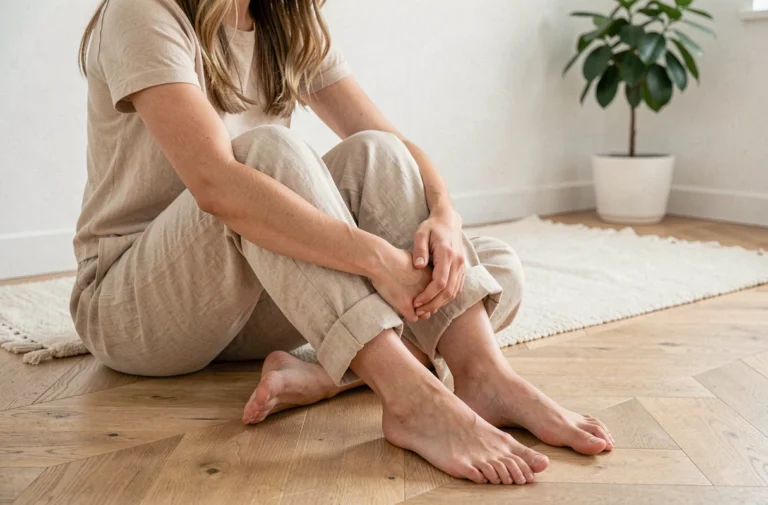 Femme assise sur un parquet en bois, pieds nus posés naturellement, dans un intérieur minimaliste illustrant la vente légale de photos de pieds en France