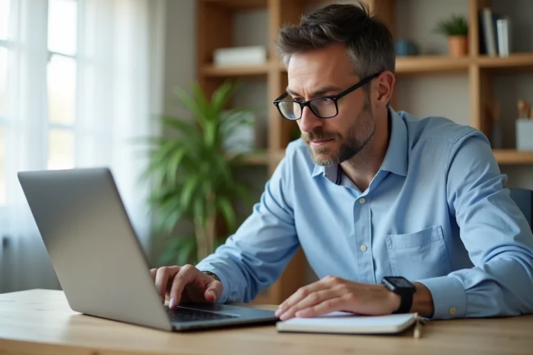 Homme consultant un site de mise en relation travaux sur son ordinateur portable dans un bureau à domicile, vérifiant les points essentiels avant inscription