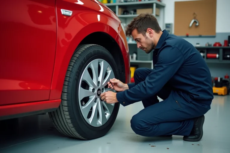 Mécanicien vérifiant la pression des pneus d'une Seat Ibiza rouge avec un manomètre dans un garage