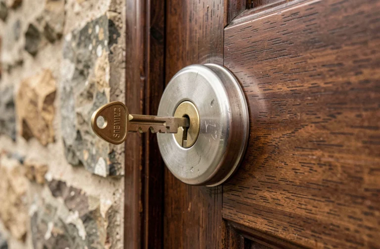 Gros plan sur un verrou à clé en acier brossé installé sur une porte en bois sombre, clé insérée dans le cylindre de sécurité