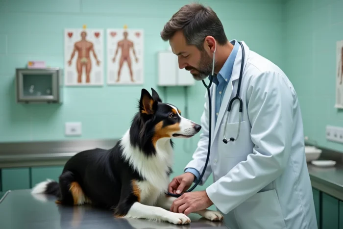 Vétérinaire examinant un border collie en clinique, représentant les garanties couvertes par une assurance chien