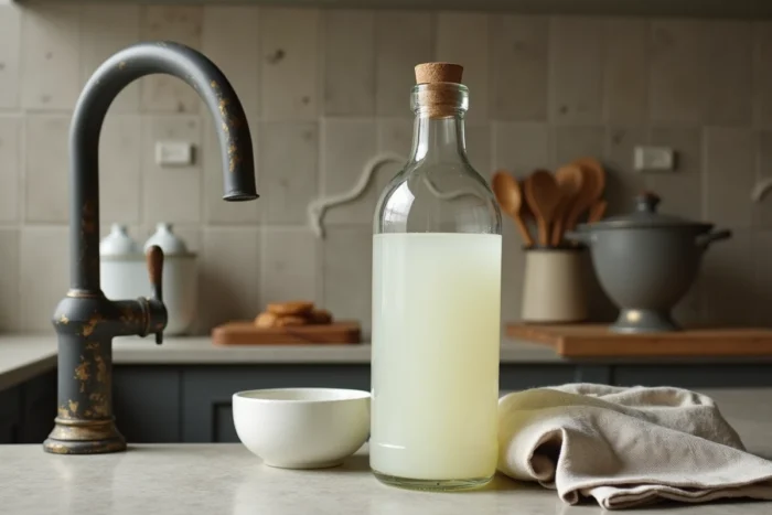 Bouteille de vinaigre blanc concentré posée près d'un robinet entartré sur un plan de travail en pierre