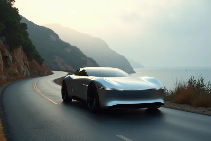 Voiture autonome futuriste argentée sur une route côtière sinueuse, illustrant les nouvelles technologies et innovations automobiles