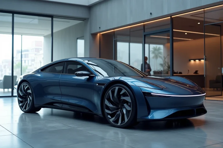 Voiture électrique moderne et futuriste exposée dans un showroom design aux murs en verre, reflétant les dernières tendances automobiles