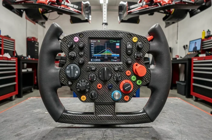 Volant de Formule 1 avec commandes de gestion moteur et d'optimisation de trajectoire utilisées pour la technique lift and coast