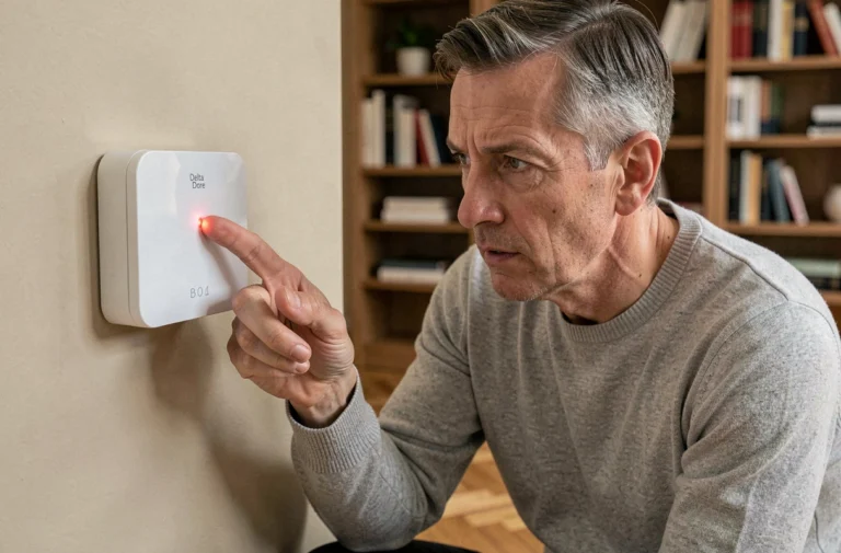 Homme examinant le voyant rouge fixe d'un thermostat Delta Dore monté sur un mur de salon moderne
