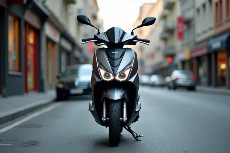 Yamaha XMAX 125 garé en ville, vue trois-quarts avant montrant le tableau de bord et la carrosserie du scooter débridable